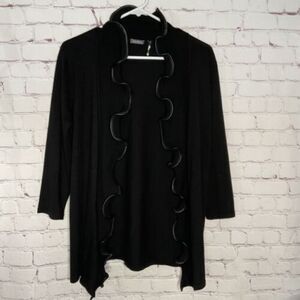 Neiman‎ Marcus Sweater Open Ruffle Front Cardigan Faux Leather Trim 3/4 Sleeve M